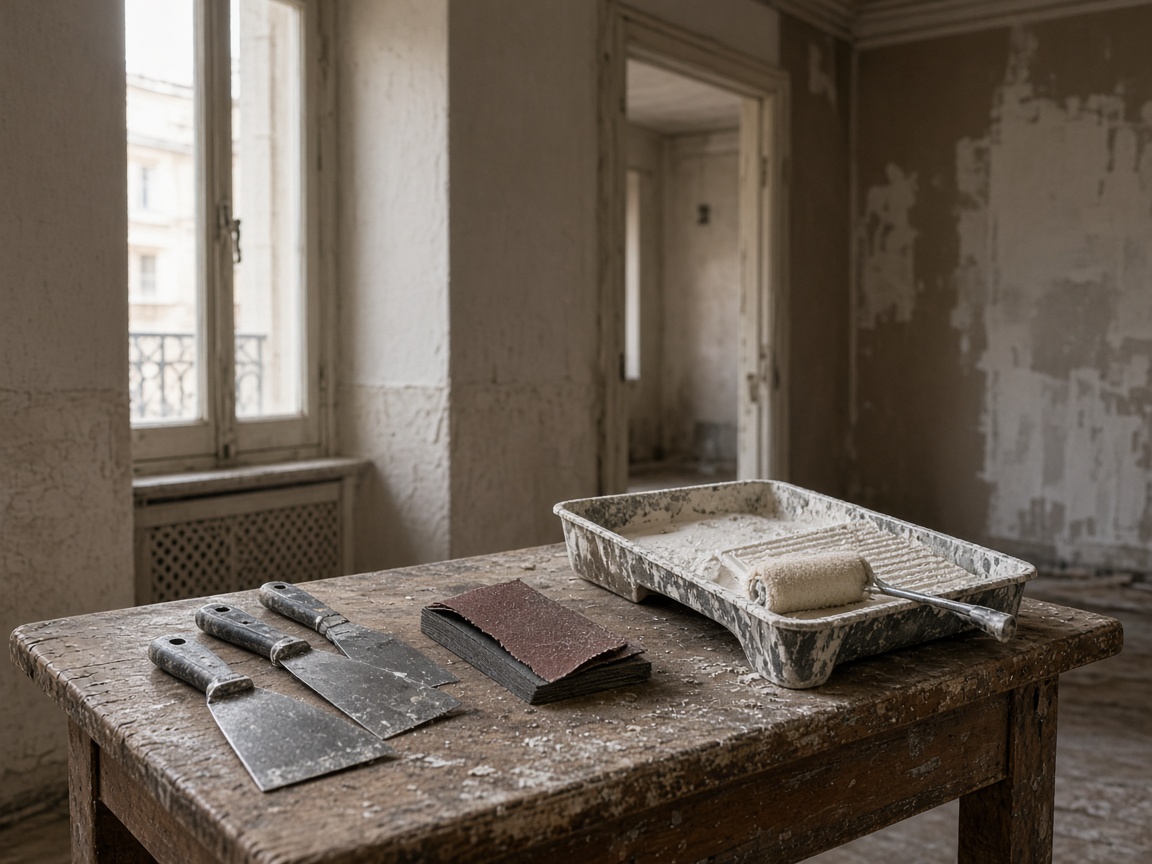 Renovation tools and materials arranged on a work surface in natural light