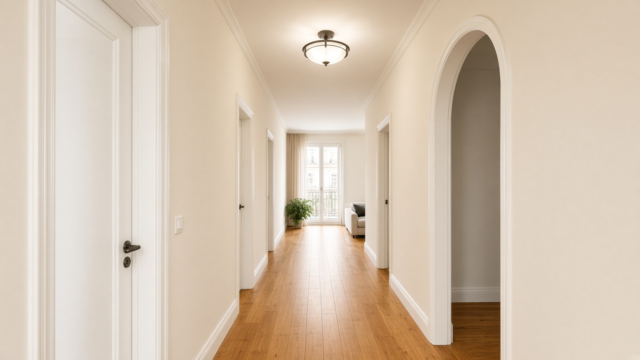 Freshly renovated apartment hallway with new flooring and lighting