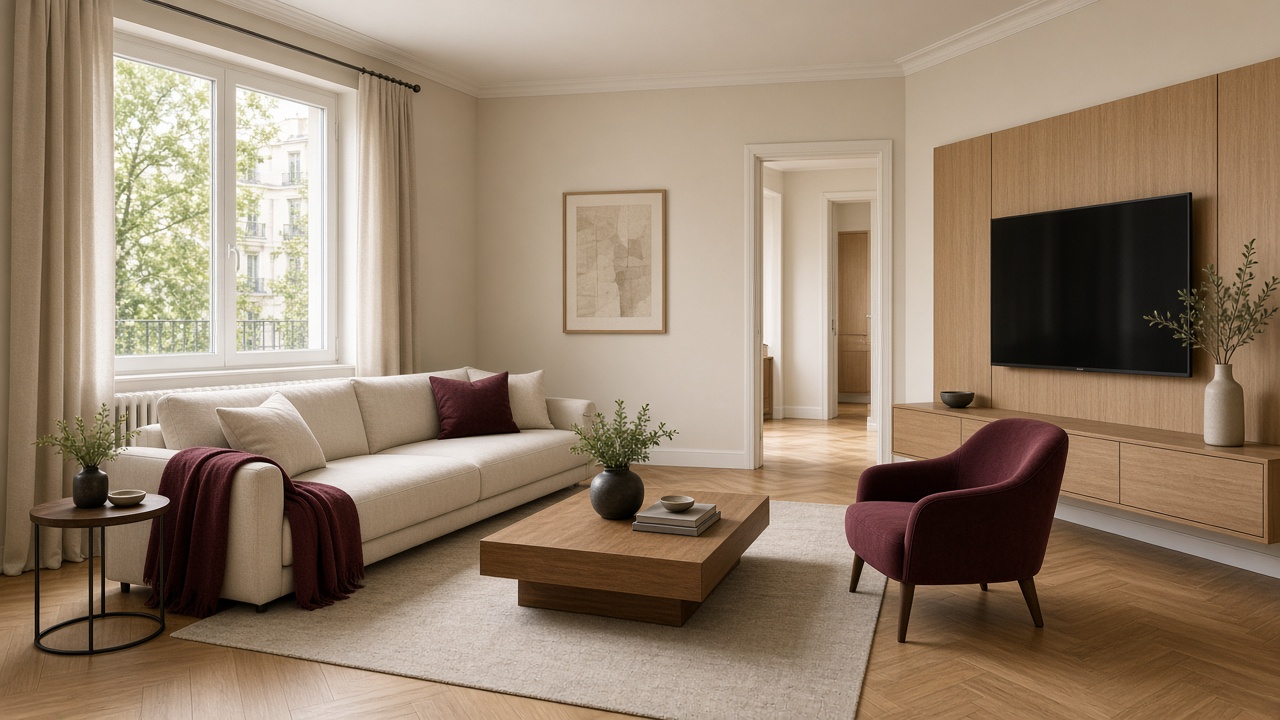 Bright renovated living room with natural light and refined finishes