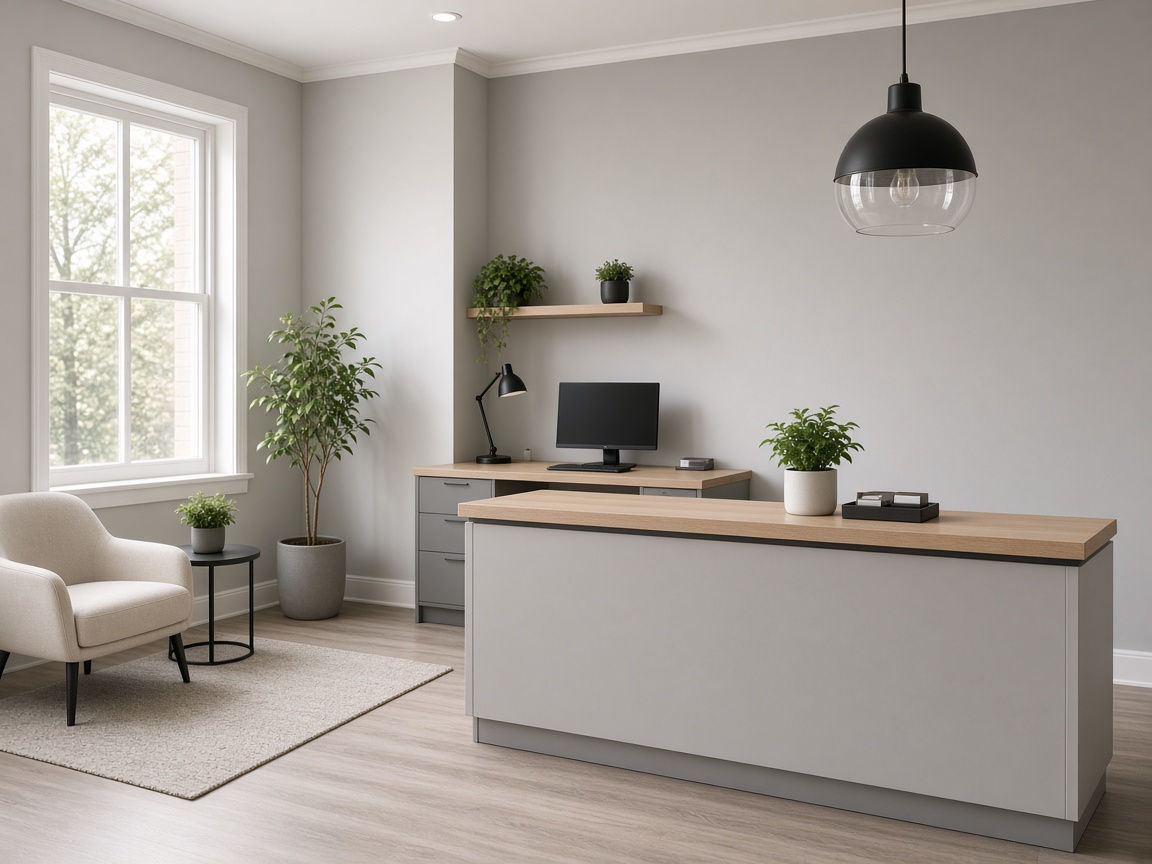 Refreshed small office reception with neutral walls and daylight