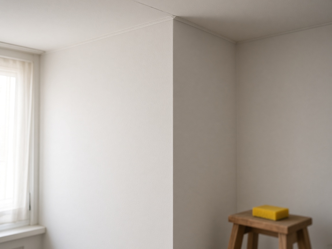 Freshly skimmed wall corner with a sanding sponge on a wooden stool