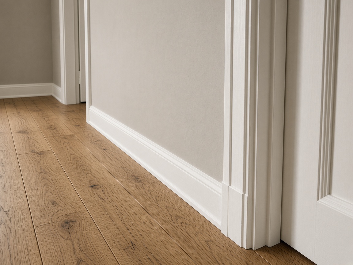 Restored oak floor with fresh white skirting boards