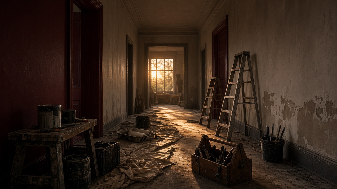 Renovation tools and materials staged in a corridor with warm light