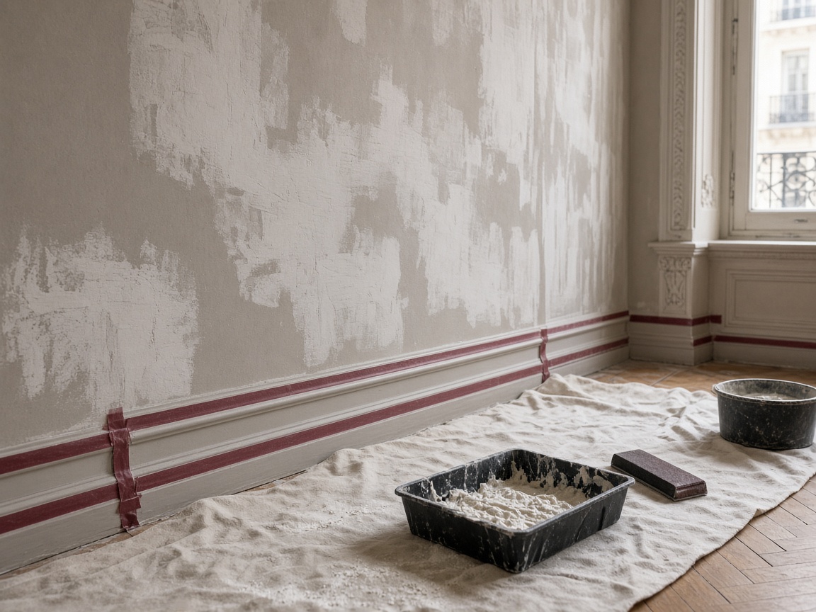 Wall filler and sanding tools prepared on a protected floor